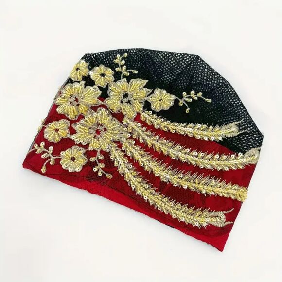 Red Beanie with Golden Beads Breathable Head Wrap and Chemo Cap Women & Girls - Picture 6 of 15